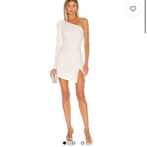 Michael Costello One-Shoulder Cream Mini Dress with Side Slit